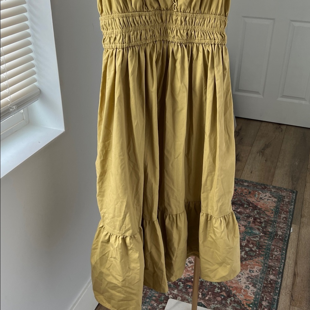 Meadow Rhodes Boho Eyelet V Neck Short Sleeve Midi Dress in Golden Tan Size S - Picture 3 of 6